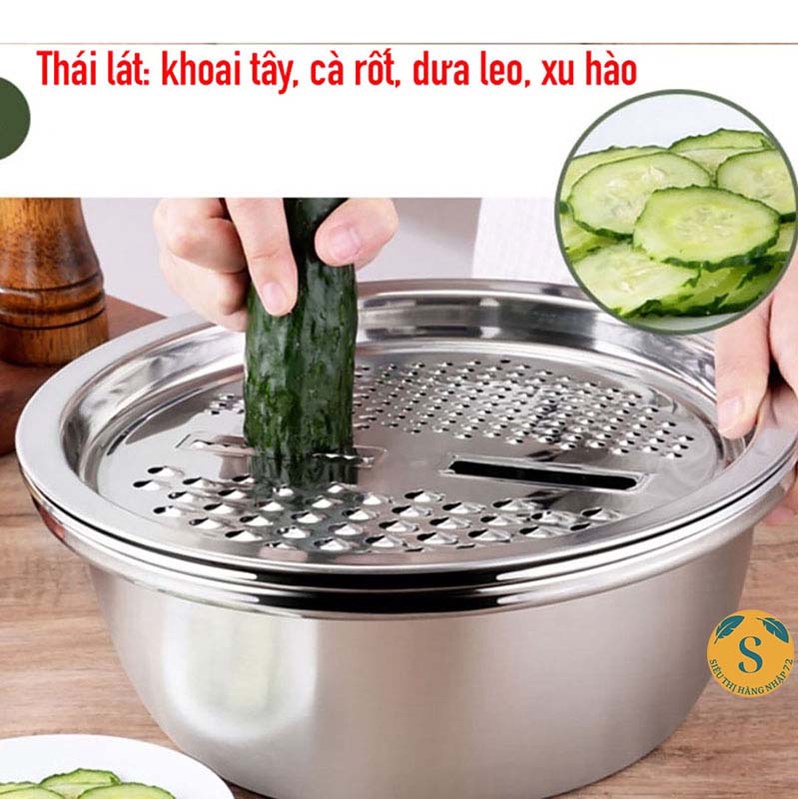 Bộ Thau Rổ Bào Rau Củ Inox Không Rỉ 3 Món (Thau + Rổ + Mặt Bào) [RỔ 3]