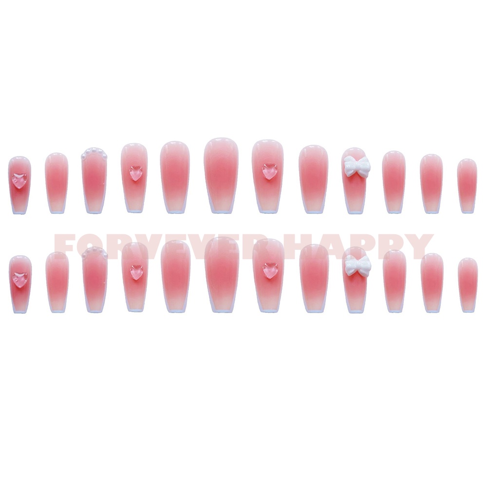 Bộ 24 Móng Tay Giả 3D Màu Hồng Bóng Đính Nơ Thời Trang Dành Cho Nữ