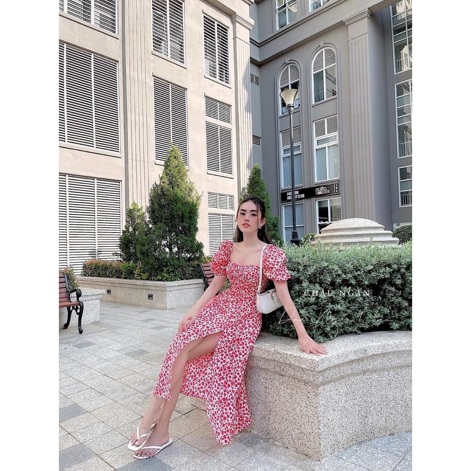 [Ảnh thật/video] Váy hoa nhí xẻ tà tay bồng Đầm maxi hoa nhí đi biển cực đẹp | BigBuy360 - bigbuy360.vn