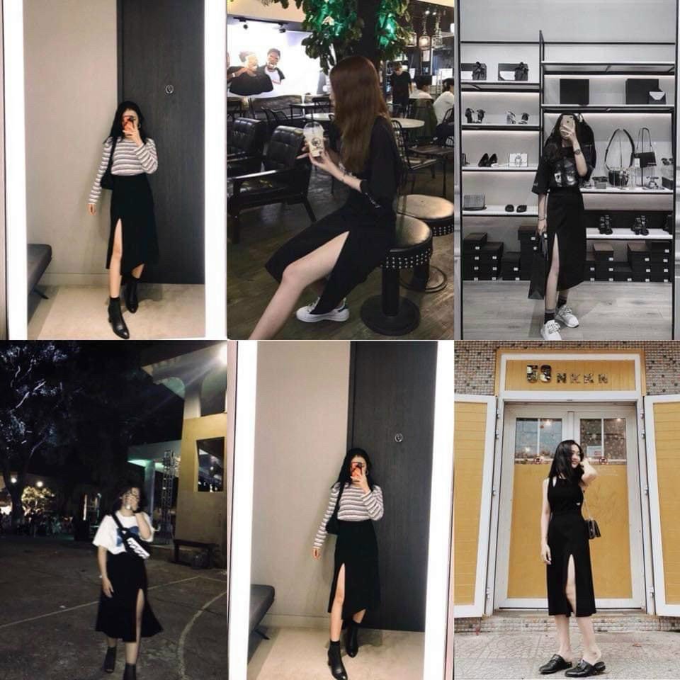 Chân váy dài midi xẻ tà đen | BigBuy360 - bigbuy360.vn