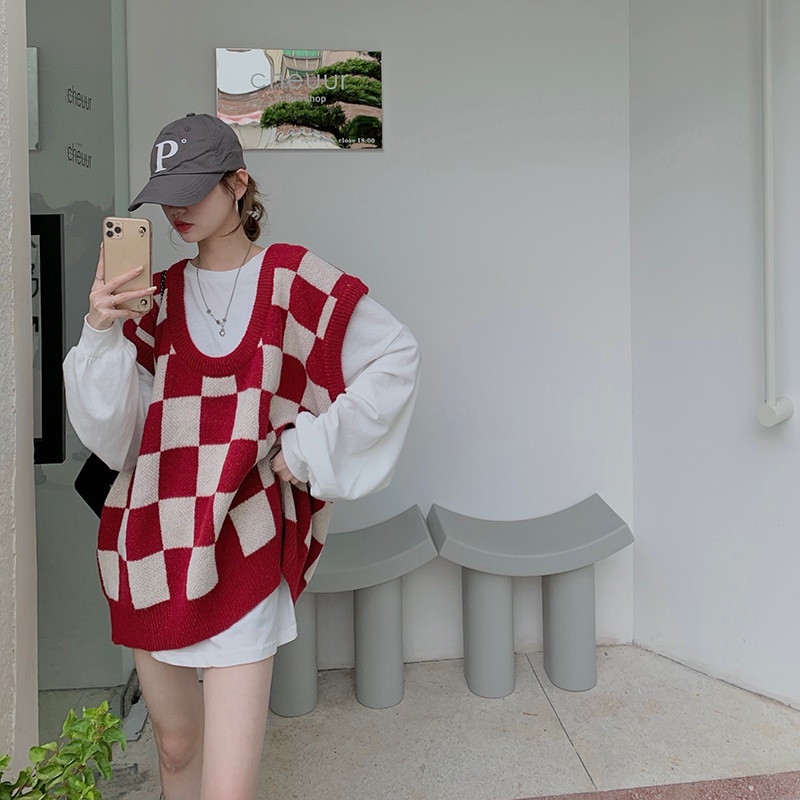 Áo Dệt Kim Sát Nách Cổ Chữ U Dáng Rộng Kẻ Sọc Ca Rô Kiểu Retro | BigBuy360 - bigbuy360.vn