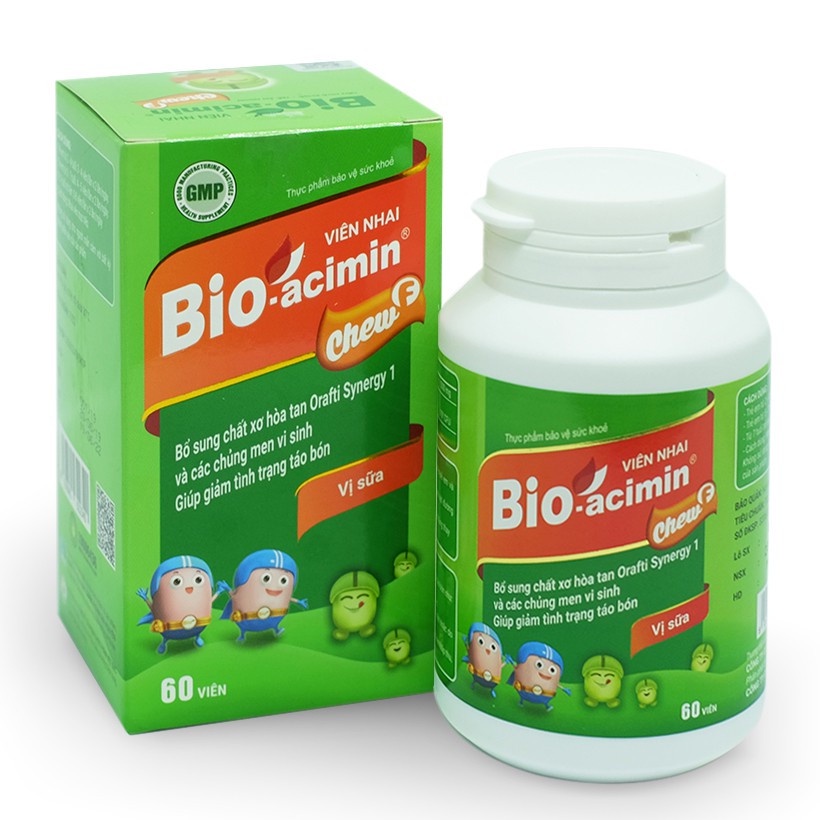 Viên nhai vị sữa Bioacemin chew F lọ 60 viên. Bổ sung chất xơ và các chủng men giúp giảm tình trạng táo bón ở trẻ