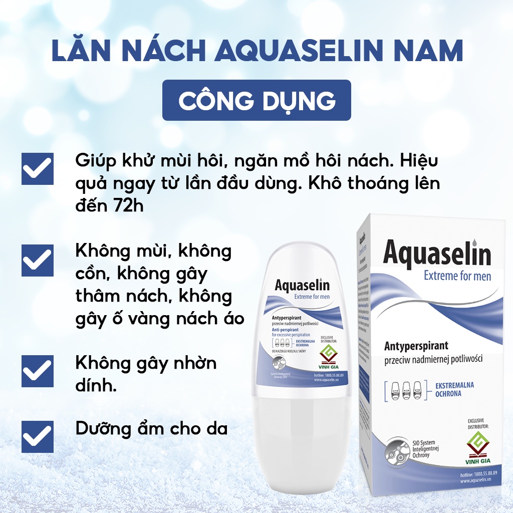 Lăn Nách Khử Mùi Cho Nam AQUASELIN Extreme For Men Không Mùi Không Ố Vàng Áo Giảm Mồ Hôi Hiệu Quả Lên Đến 72h 50ml