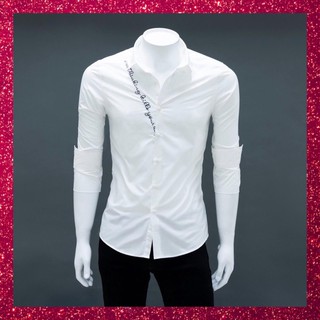 ÁO SƠ MI NAM TAY DÀI THÊU CHỮ MÀU TRẮNG