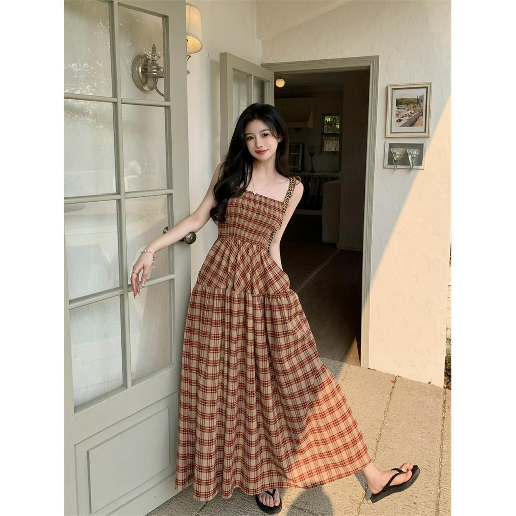 「 WELOVE1 」Đầm Midi Hai Dây Dáng Vừa Kẻ Sọc Caro Nhiều Màu Phong Cách Pháp Cho Nữ