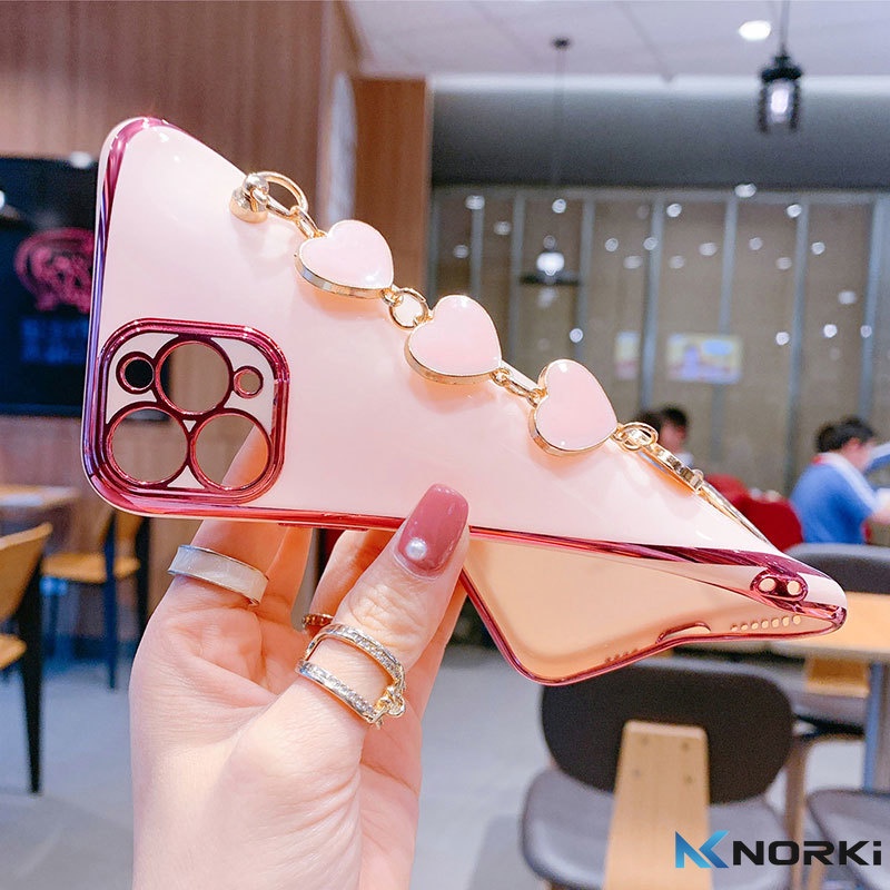 Ốp Điện Thoại Mềm Mạ Hình Trái Tim Có Dây Đeo Tay Cho Samsung Galaxy S22 S21 S9 Plus S21 S22 Ultra S21FE S20