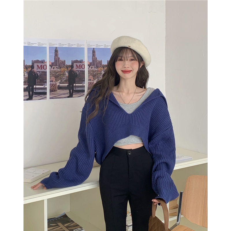 Áo Hoodie Dệt Kim Tay Dài Dáng Rộng Cổ Chữ V Dễ Thương Xinh Xắn