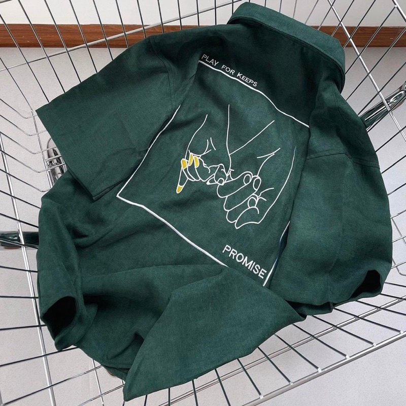 Áo SơMi Tay Ngắn Xanh Két Chữ Thêu Simple Thing