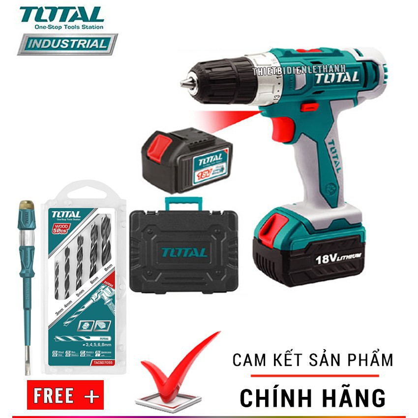 Máy Khoan dùng pin Lithium 18V Total TDLI228180. Tặng kèm bộ 13 phụ kiện và 2 pin sạc 2h.