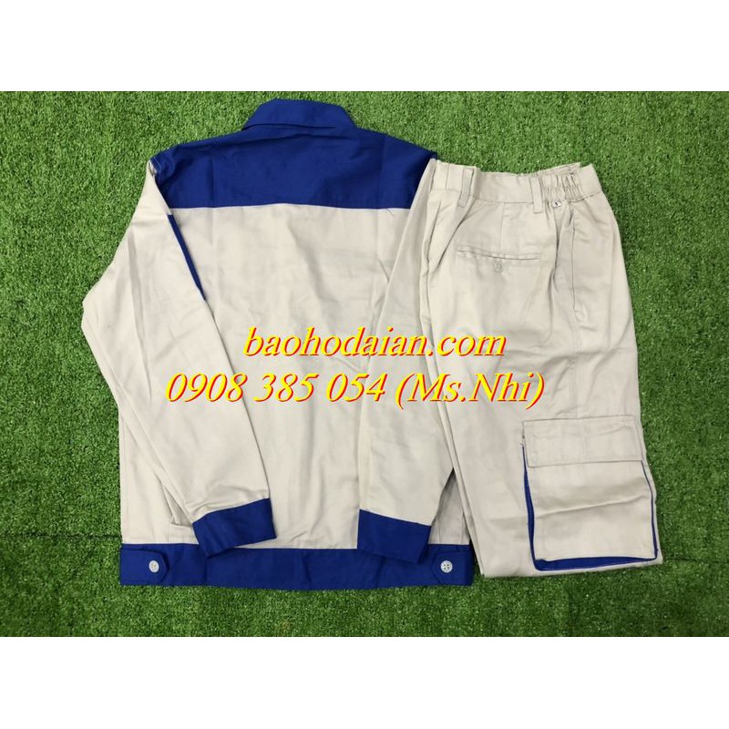 Quần áo bảo hộ lao động màu kem phối xanh vải kaki thấm hút mồ hôi M02- Hình thật