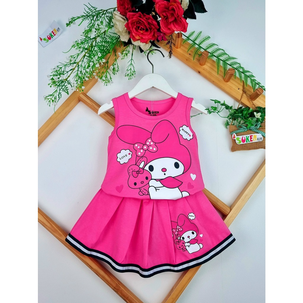 SET VÁY THUN IN THỎ HỒNG DÂU CHO BÉ GÁI