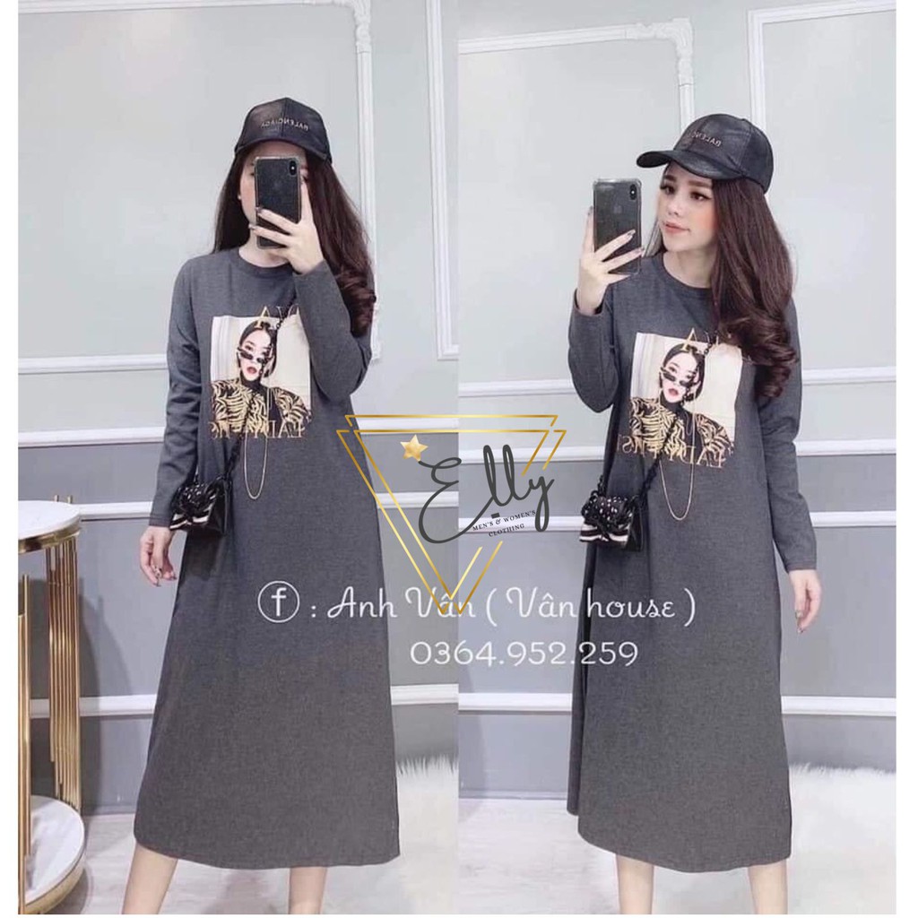 [Mã WAST99 hoàn 12k xu đơn 99k] Váy suông dài tay in hình cô gái dễ thương - bầu bì bon chen thoải mái | BigBuy360 - bigbuy360.vn