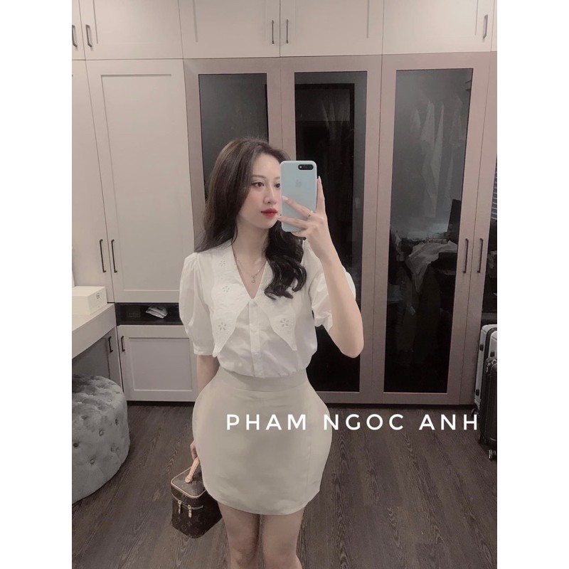Sơ mi trắng cổ vạt thêu  vnxk