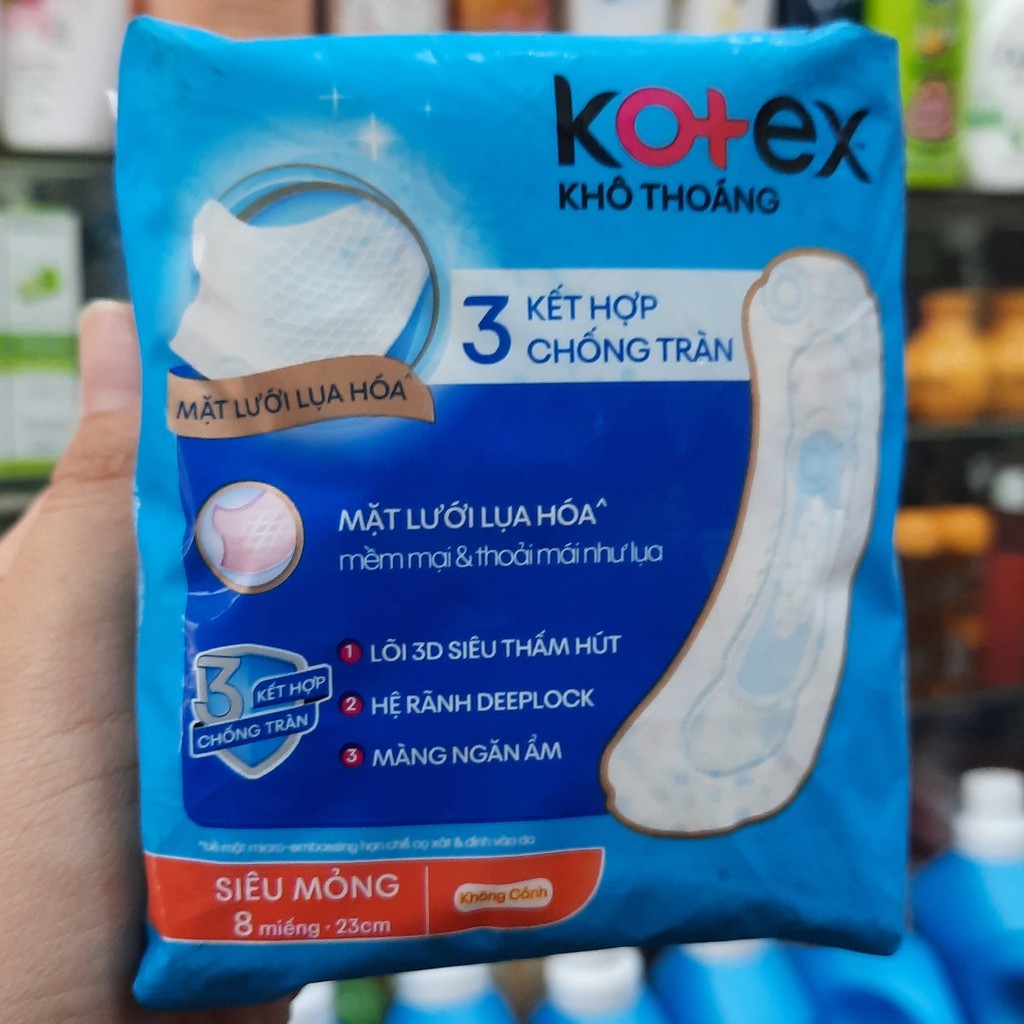 Băng vệ sinh Kotex khô thoáng - kết hợp chống tràn - siêu mỏng bảo vệ tối ưu 8 miếng 23cm