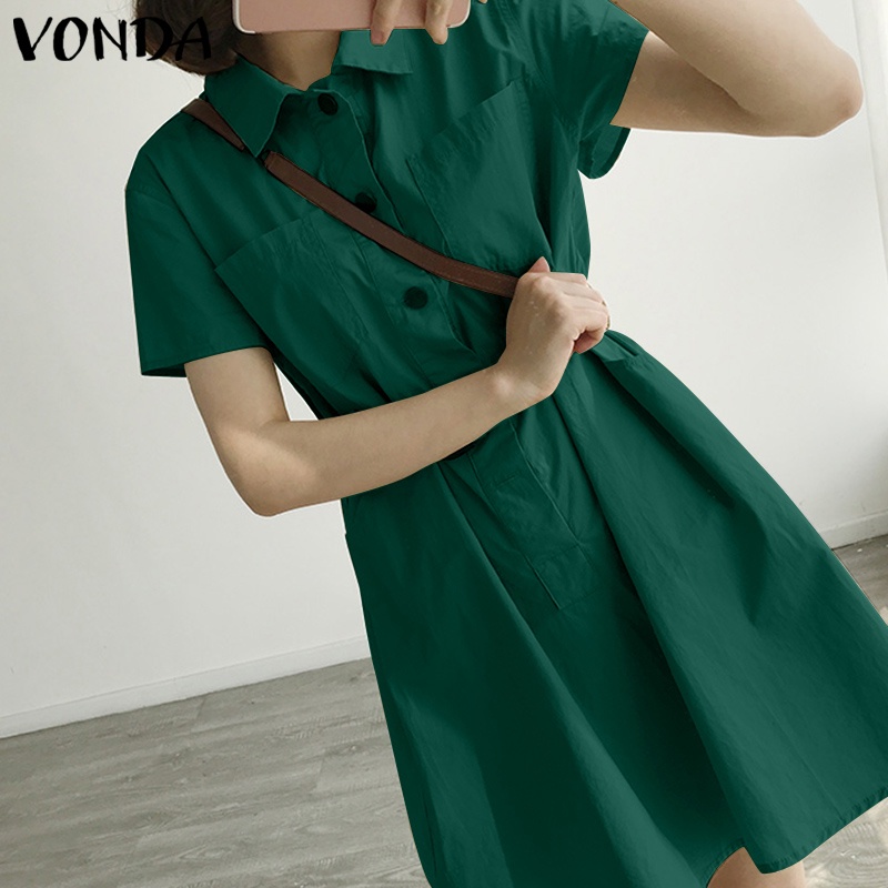 Đầm midi VONDA tay ngắn cổ bẻ màu trơn phong cách Hàn Quốc thời trang mùa hè cho nữ