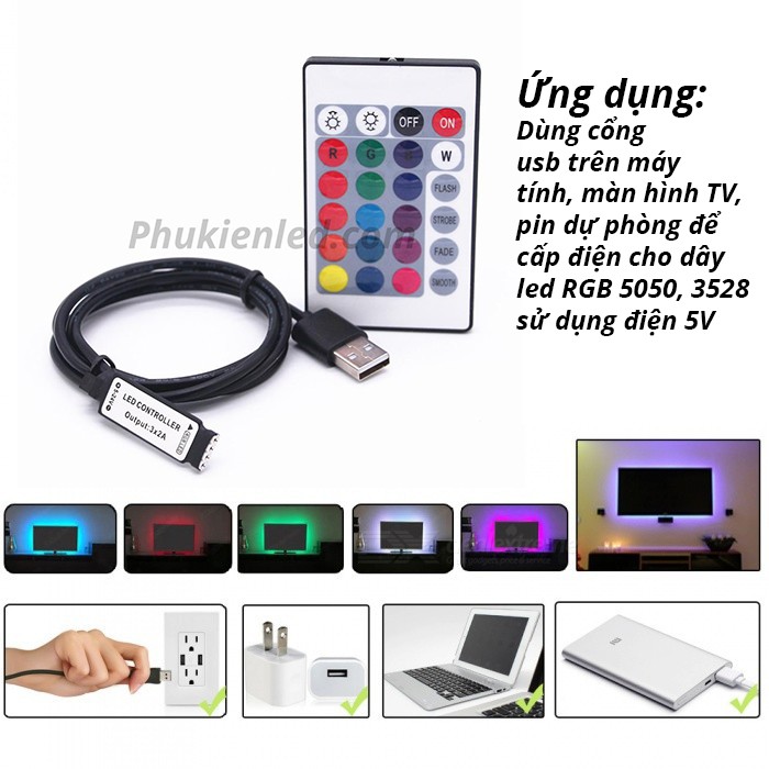 Bộ điều khiển đèn led RGB cổng USB 5V đến 24V có remote điều khiển từ xa | BigBuy360 - bigbuy360.vn