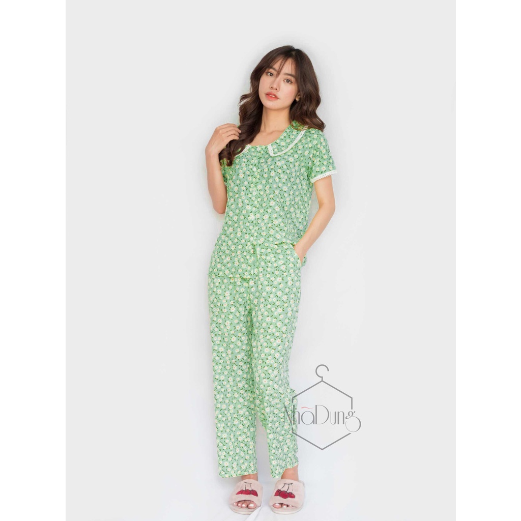 Đồ bộ nữ mặc nhà quần dài lụa cao cấp cổ sen họa tiết hoa nhí dễ thương Nhã Dung Store siêu mát 40kg đến 65kg