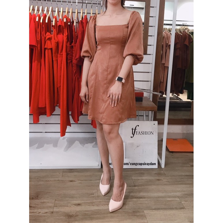 770D - Đầm xòe vintage thân tách mảnh cổ vuông tay bồng kiểu hy lạp rớt vai
