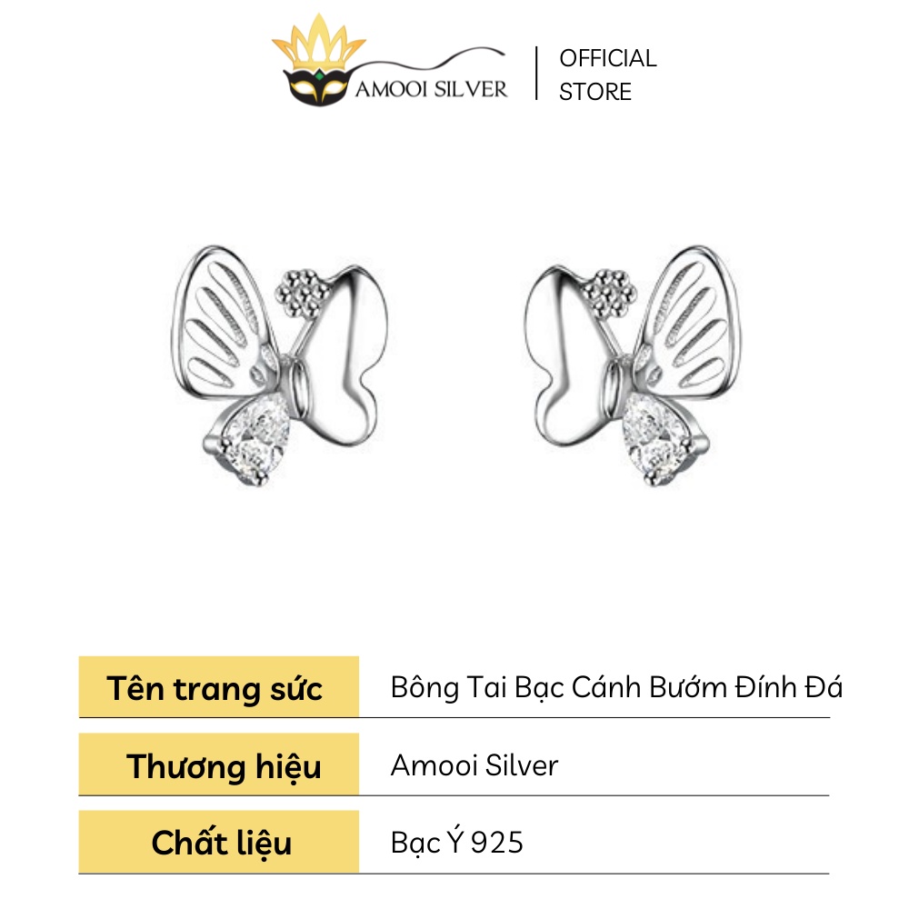 Bông Tai Bạc S925 Cánh Bướm Bất Đối Xứng Đính Đá Sang Trọng - Amooi Silver AB219