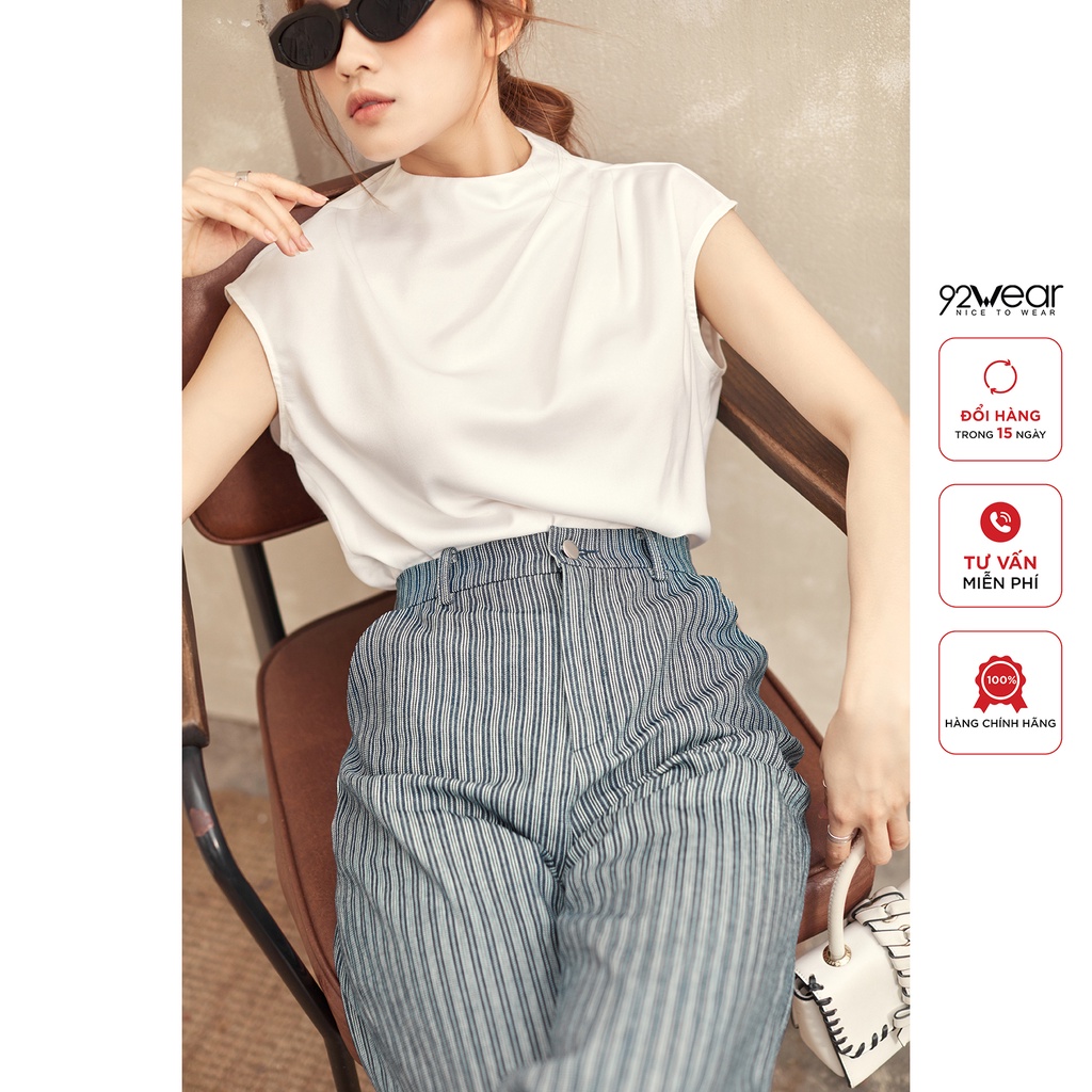 Áo sơ mi nữ vai chờm không tay 92WEAR, chất lụa cổ leo 3 ly vai ASA2220