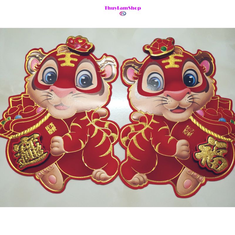 Bộ 2 miếng dán tiểu hổ dán cửa thu hút may mắn tài lộc năm mới tết 2022