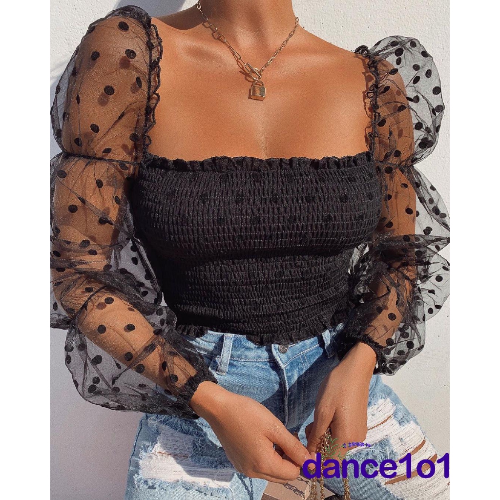 Áo Nữ Tay Dài Cổ Chữ U Họa Tiết Chấm Bi Thời Trang