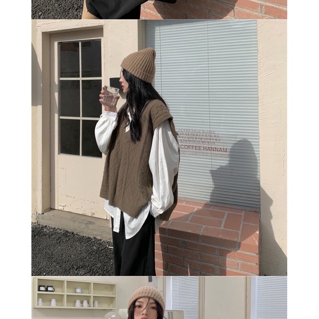 Sét áo gile nâu xẻ tà cao thấp phối sơmi trắng tay bồng - áo len mỏng phong cách trẻ trung