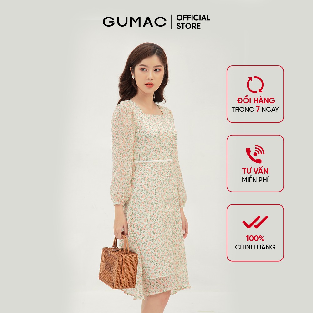 [Mã MABR07062 giảm 8% tối đa 50K đơn từ 249K] Đầm xòe nữ hoa nhí cổ vuông tay dài GUMAC màu kem, đủ size DB3109 | BigBuy360 - bigbuy360.vn