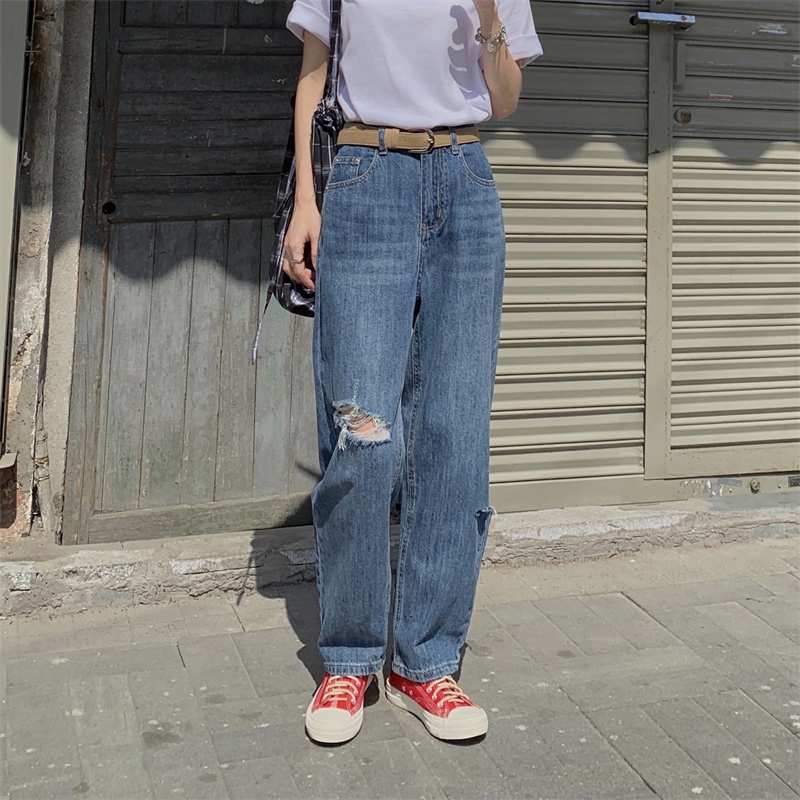 Quần Jean Lưng Cao Form Rộng Thiết Kế Xẻ Rách Cá Tính