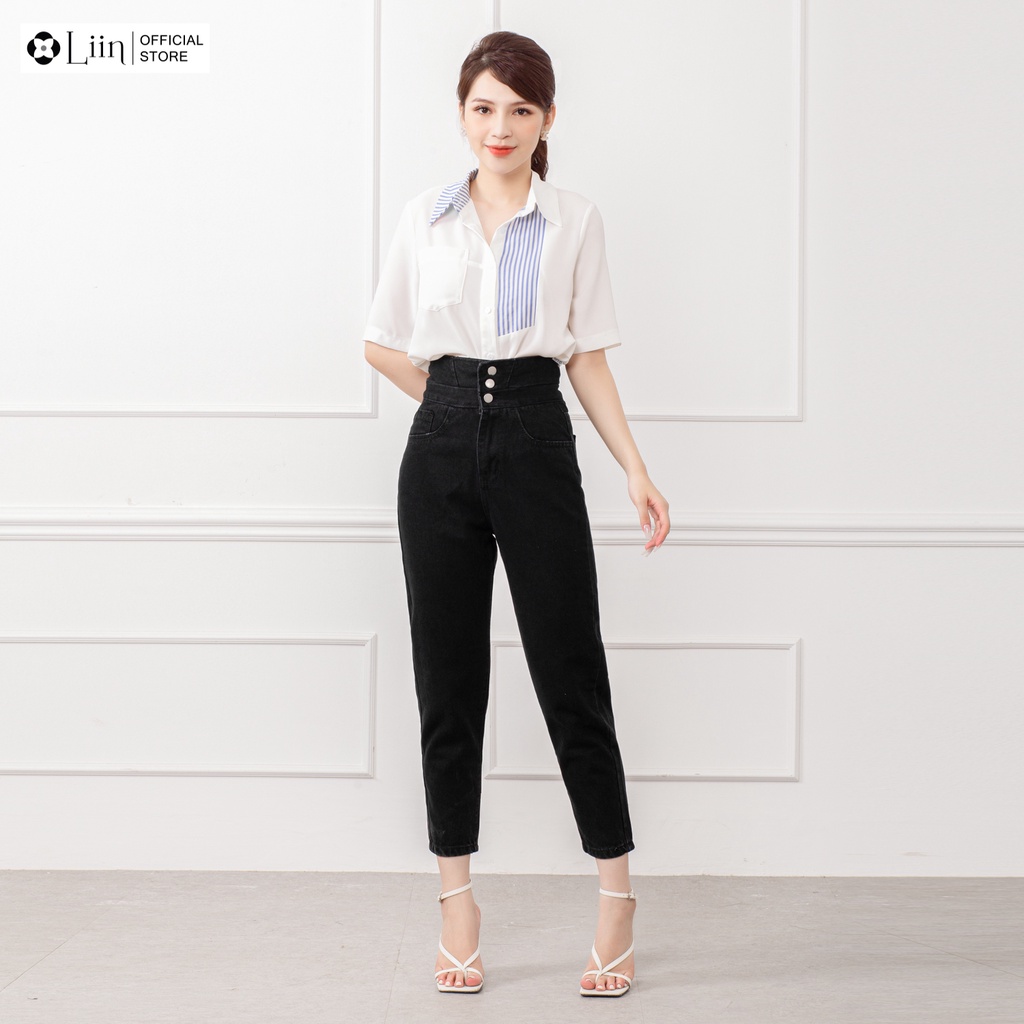 Quần Jean nữ cạp cao 3 cúc màu Đen phong cách năng động cá tính Liin Clothing Q3549