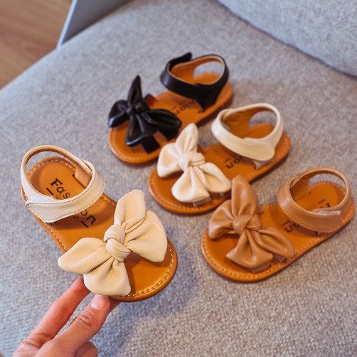 Dép sandal bé gái - Dép sandal nơ chất liệu da PU xinh xắn đế mềm phong cách vintage Hàn Quốc cho bé gái 1-5 tuổi
