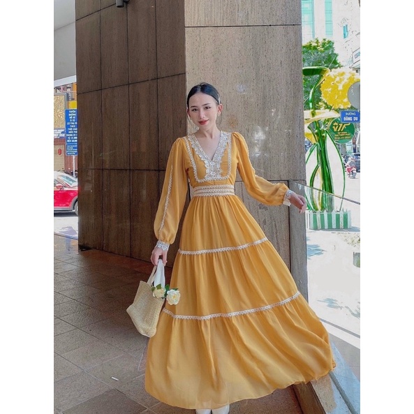 Đầm maxi dài tay phối ren xoè 3 màu sàn thật