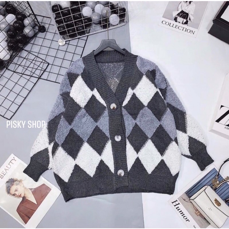 ÁO KHOÁC CARDIGAN HÀN QUỐc HOẠ TIẾT HÌNH HỌC THỜI TRANG LEN CỪU NỔI QUẢNG CHÂU