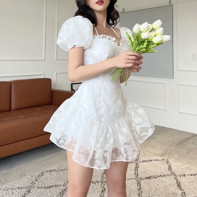 Đầm đi tiệc cưới dáng xòe phong cách tiểu thư, thiết kế hai cách mặc xinh xắn