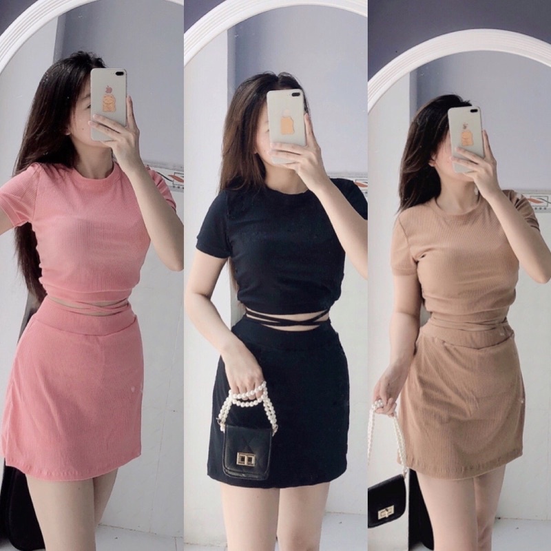 [ẢNH THẬT] Set bộ áo crotop dây buộc eo+chân váy siêu xinh