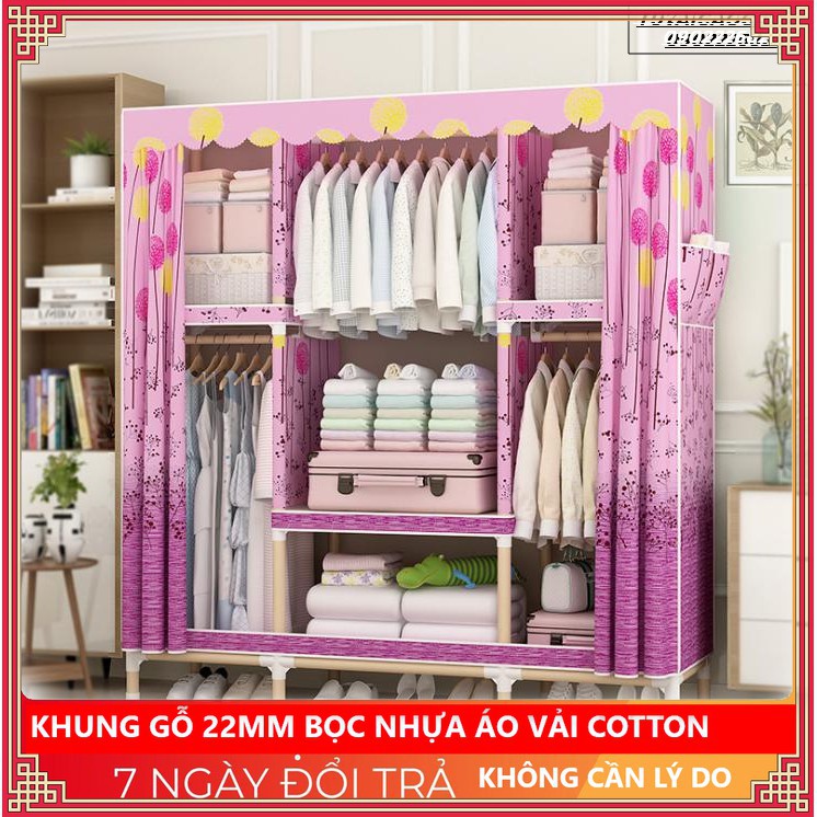 Tủ quần áo vải khung gỗ bọc nhựa  3 buồng vải cotton