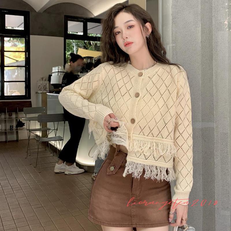 Ort-áo Khoác Cardigan Dệt Kim Tay Dài Khoét Lỗ Cài Nút Màu Sắc Ngọt Ngào Cho Nữ