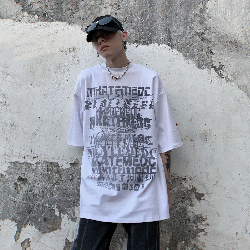 Áo thun tay ngắn cổ tròn dáng rộng in chữ phong cách hip hop Mỹ thời trang mùa hè cho nam size S-5Xl