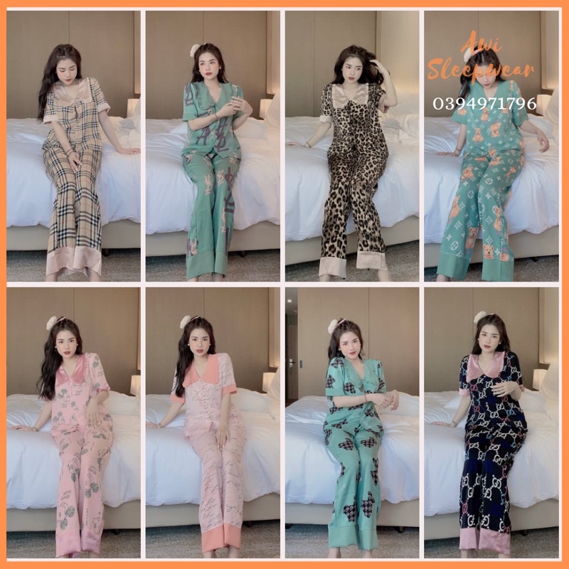 Bộ Pyjama Tay Ngắn Quần Dài Lụa Mango Thiết Kế Cổ Bèo Nhiều Hoạ Tiết Xinh Xắn - Awi Sleepwear