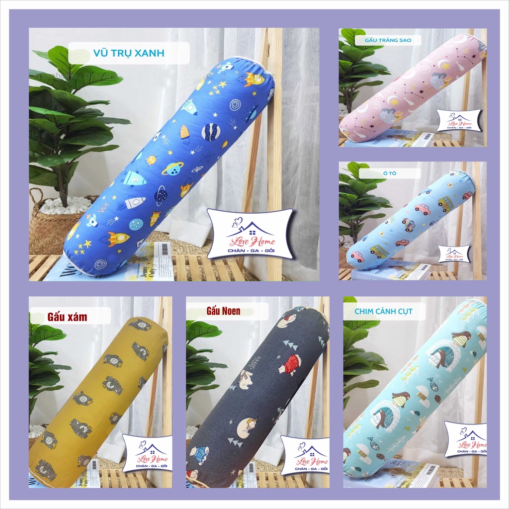 Gối Ôm Cho Bé Cotton 100% Size 20x60 Vỏ Gối Ôm Trẻ Em Có Khóa Kéo Ruột Gối Bông Gòn Trắng Size 20x60