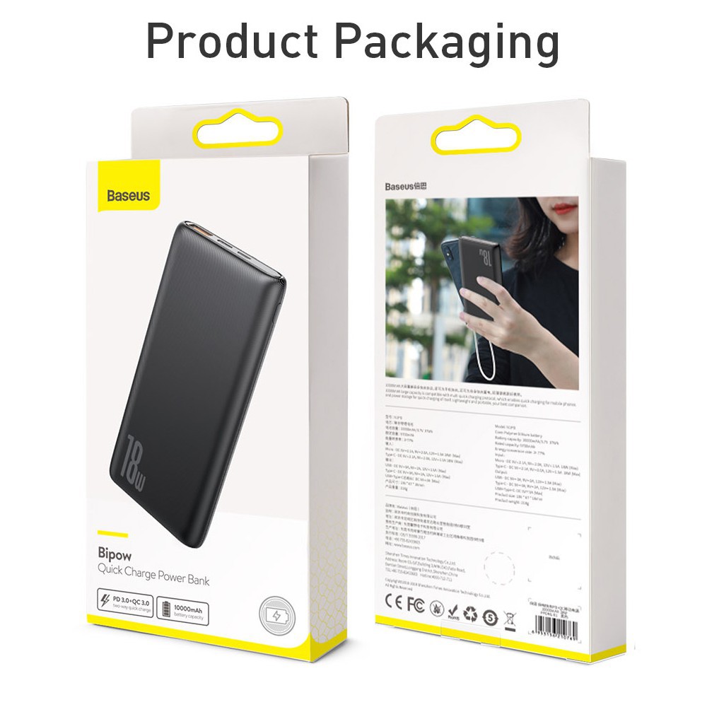 Sạc dự phòng Baseus 18W 10000mAh tốc độ nhanh kết nối cổng USB3.0 cho iPhone Xiaomi Samsung Nokia Sky