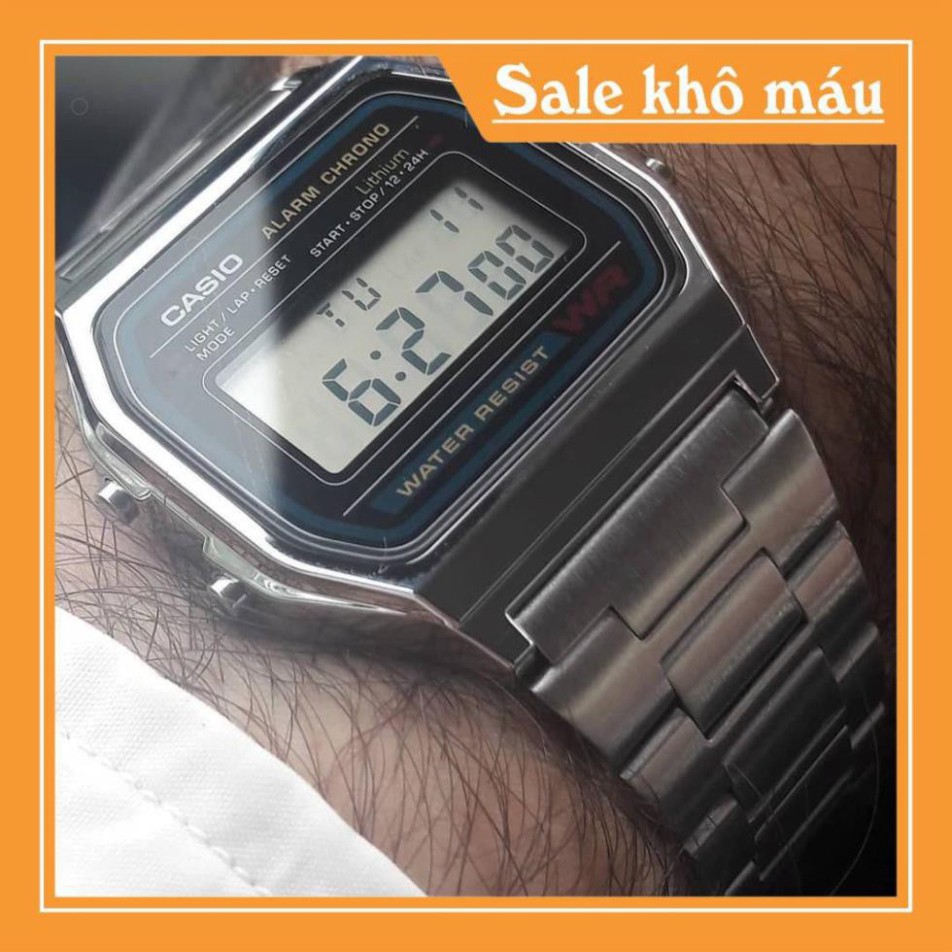 Đồng hồ điện tử Casio A158-A159 nam nữ dây bạc mặt đen