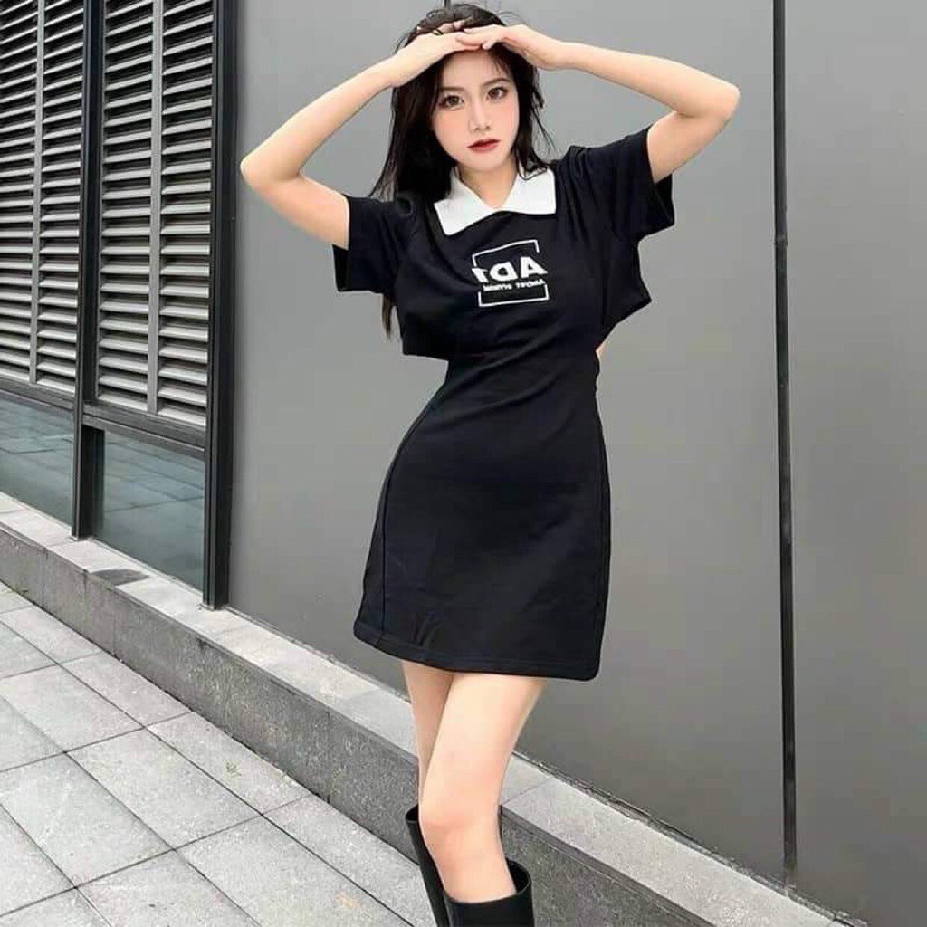 Váy polo nữ phối màu hở lưng thời trang, Váy body nữ cổ Bẻ Mã SP001116
