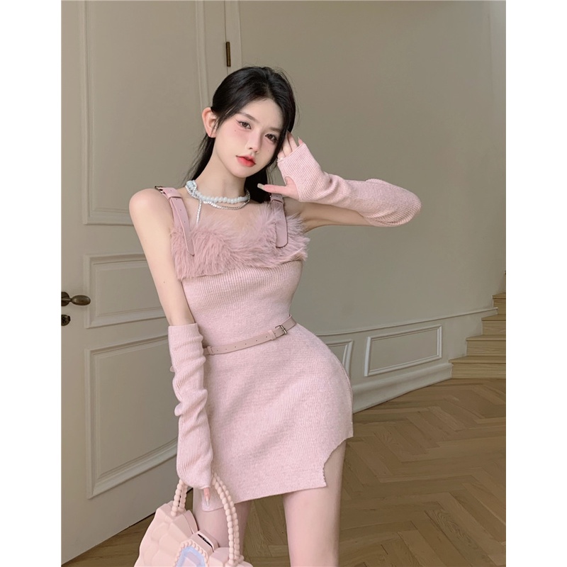 Đầm Dệt Kim Hai Dây Phối Lông Thời Trang Thu Đông 2022