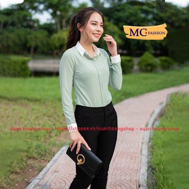 Áo Sơ Mi Nữ Đẹp Kiểu Công Sở Kẻ Sọc Dài Tay Mc Fashion, Trắng, Xanh Đen Tím Than, Đỏ, Size Đủ, Chất Vải Co Giãn Mát A629