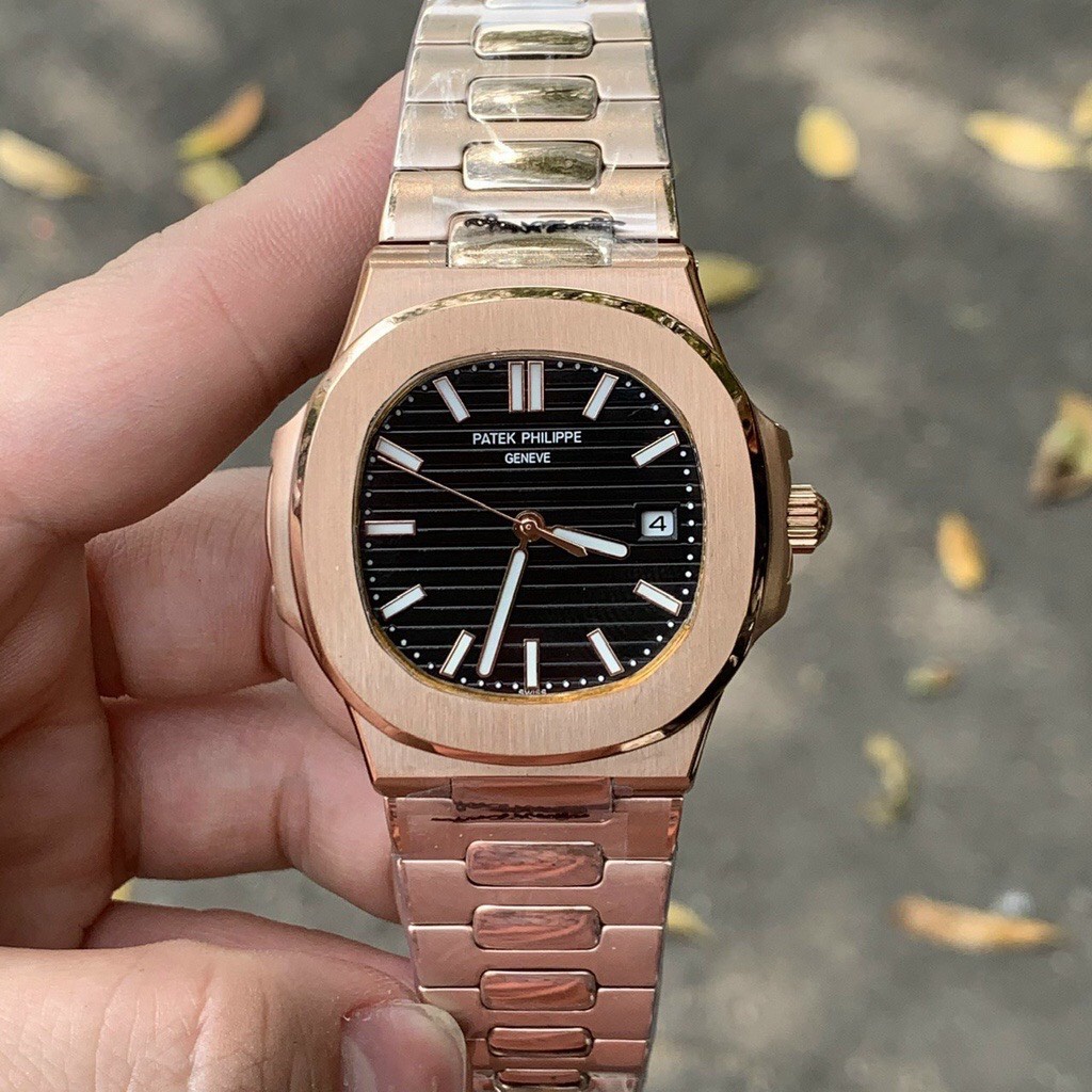 Đồng hồ Nam Ptk vuông 3kim 1 lịch máy nhật chạy cơ Automatic size 40mm vỏ vàng hồng nhiều màu dây kim loại