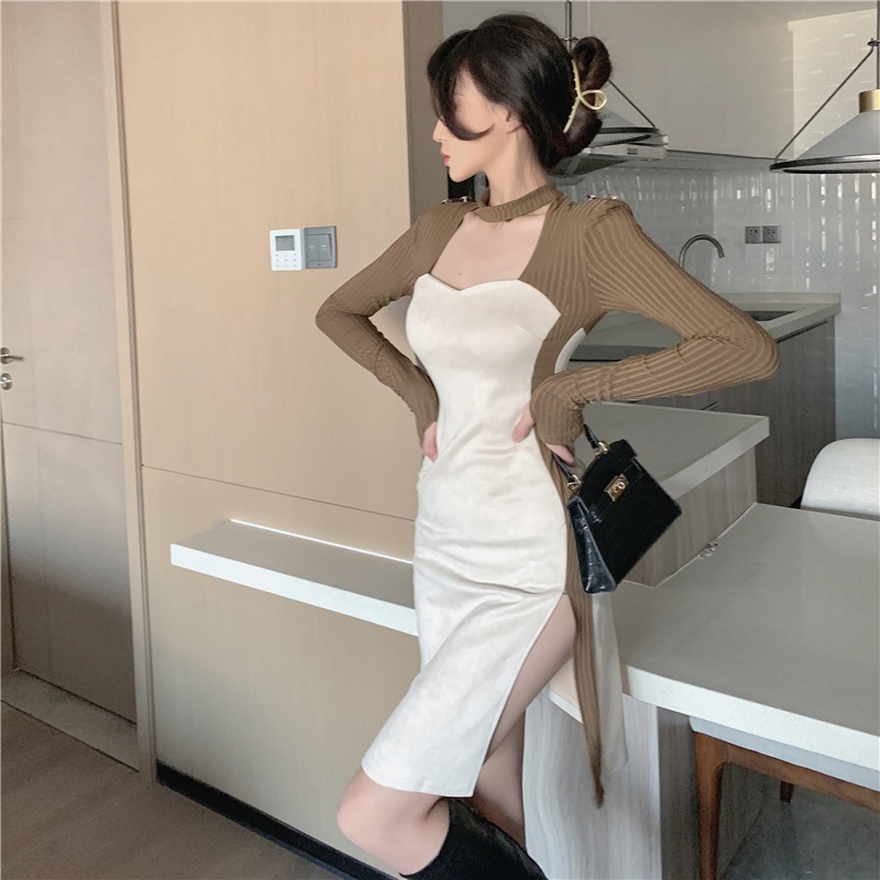Đầm tay dài xẻ tà màu sắc thời trang thu đông phong cách Trung Quốc