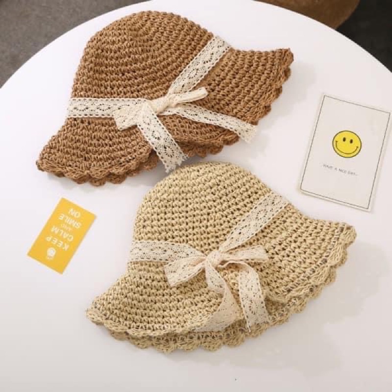 NÓN CÓI ĐI BIỂN PHỐI NƠ REN CHO BÉ GÁI