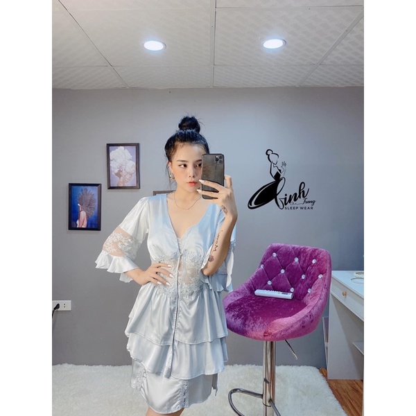 Sét Choàng Ngủ Cao Cấp, Váy Ngủ Lụa Nữ Kèm Choàng Phối Voan Tầng Siêu Xinh | BigBuy360 - bigbuy360.vn