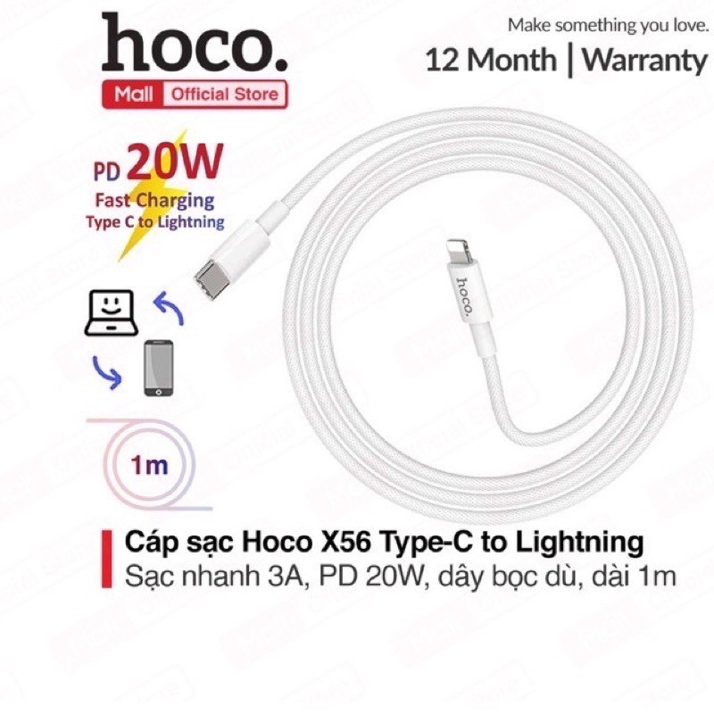 ✔Nowship - Cáp sạc Nhanh iPhone 12,12Pro max, PD 20W 3.5A -HOCO X56 Type-C to Lightning,
